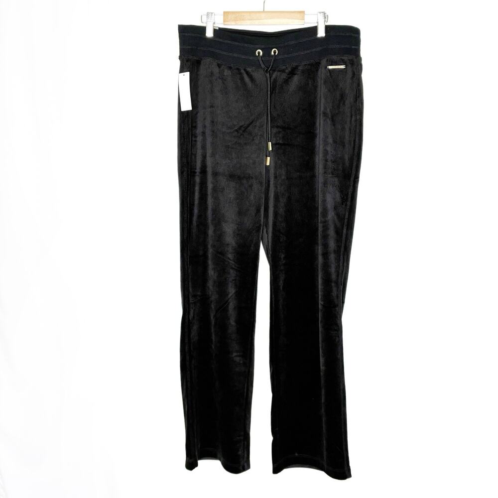 Halston Black Velour Ribbed Pants Straight Leg Sweatpants NWT Womens Medium